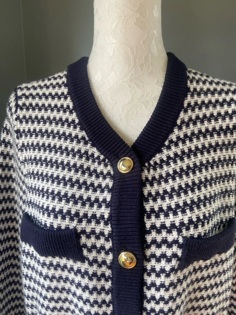 Free Assembly Navy & White Knit Button-Front Cardigan Sweater - Picture 2 of 6